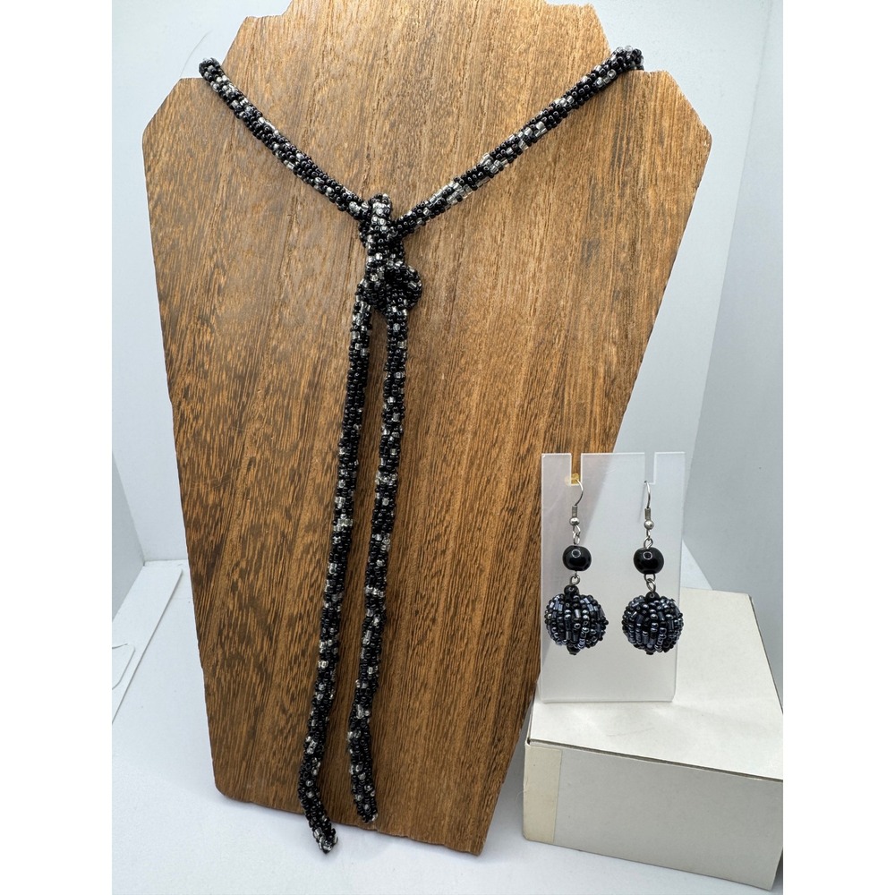 Vintage Black Silver Seed Bead Lariat Necklace and Orb Drop Earring Set Long